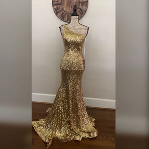 Jovani sparkly one shoulder mermaid gold prom dress, formal dress evening gown